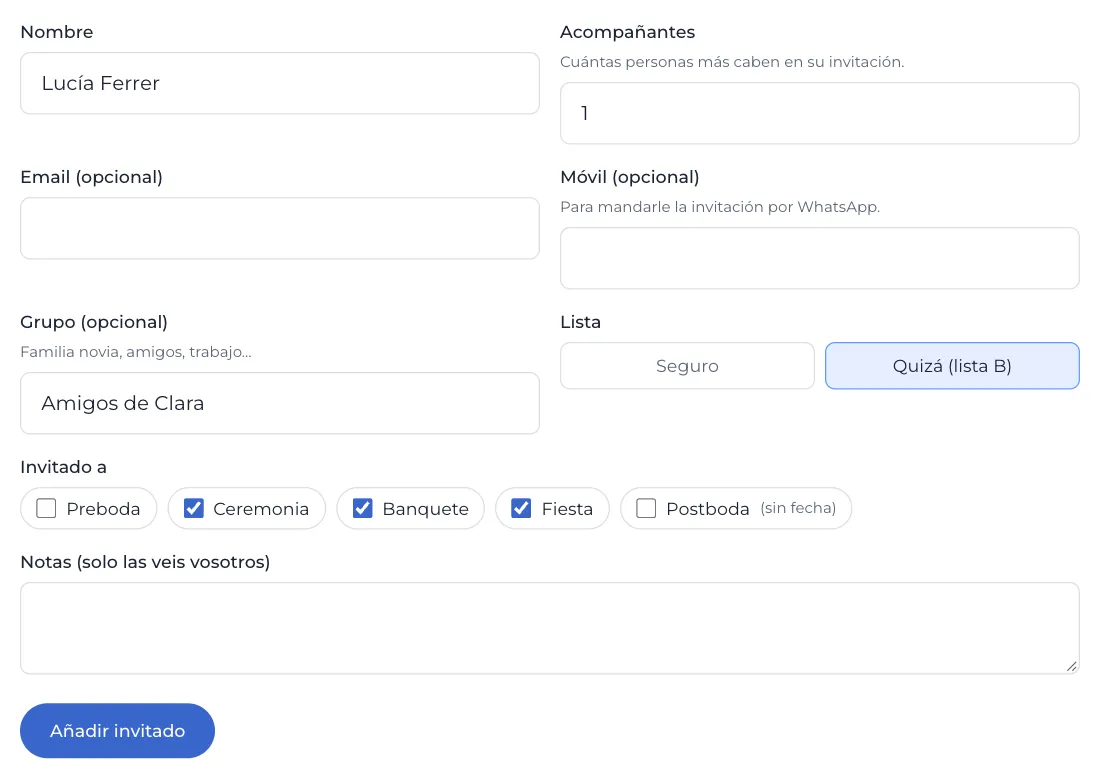 Formulario para añadir un invitado con un acompañante, su grupo y en la lista B