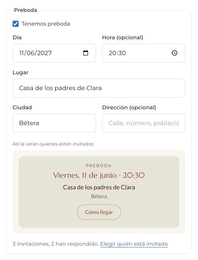Editor de la web con el día, la hora y el lugar de la preboda