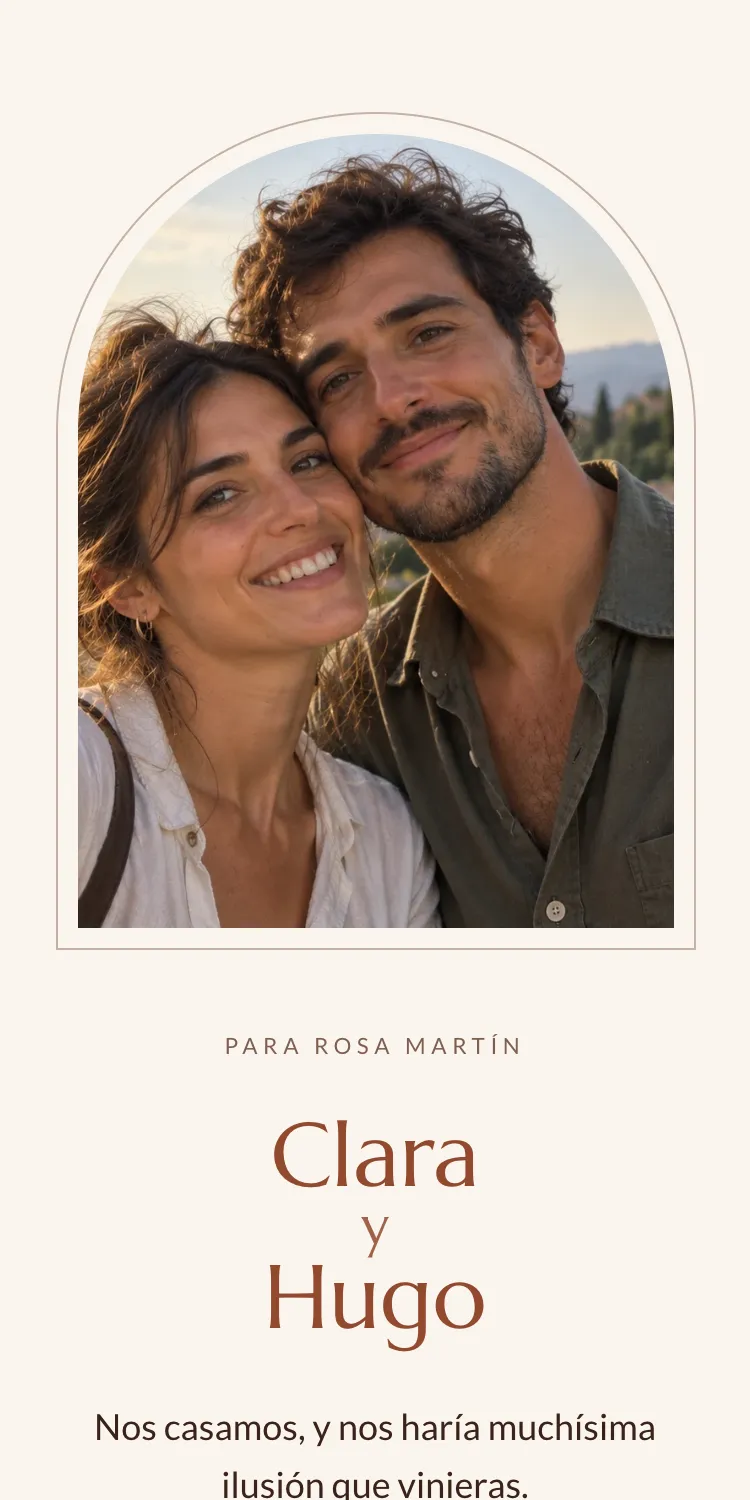 Invitación digital de boda con la plantilla Olivar, dirigida a Rosa Martín