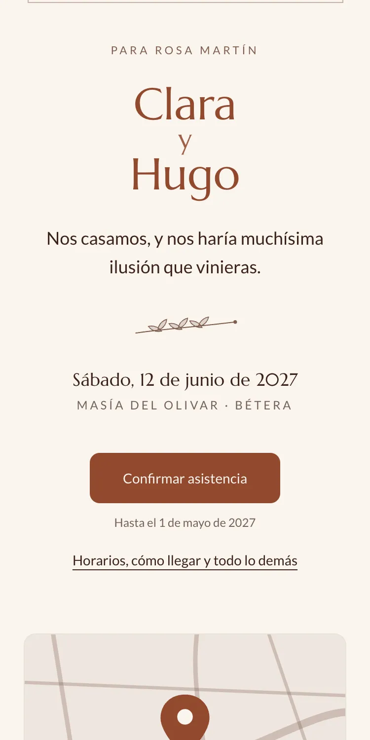 Invitación de boda en el móvil con el botón para confirmar y la fecha límite debajo