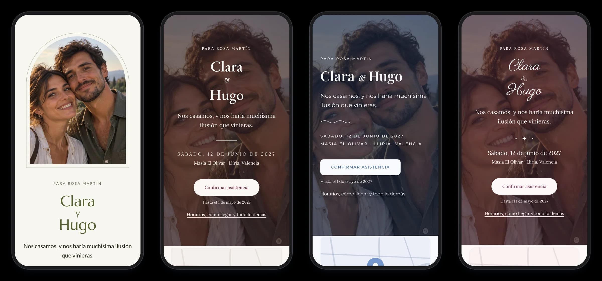 La misma invitación de boda para Rosa Martín en cuatro plantillas: Olivar, Lacre, Marea y Camelia