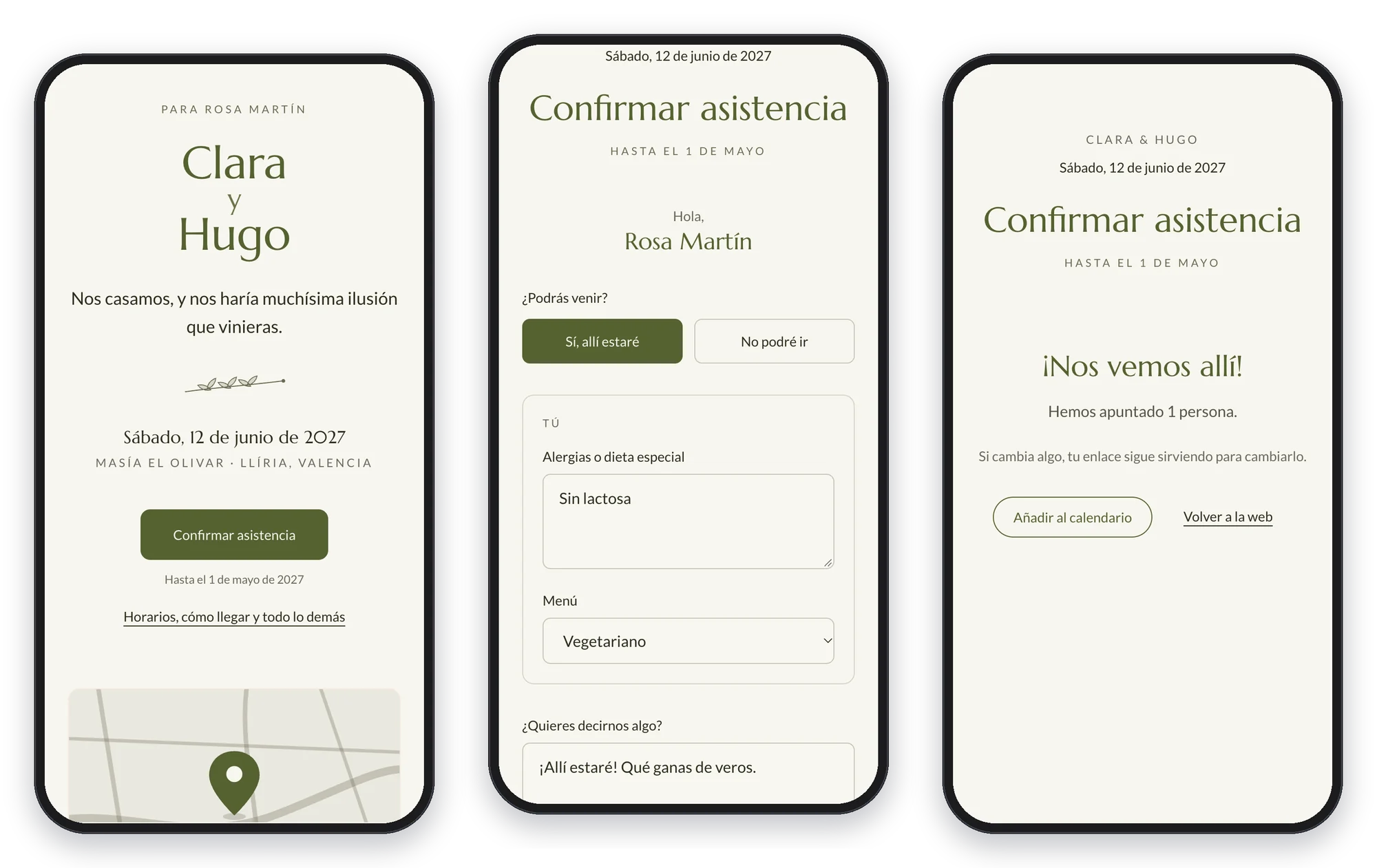 La invitación digital de Rosa Martín, su confirmación con alergias y menú, y la pantalla de agradecimiento, en tres móviles
