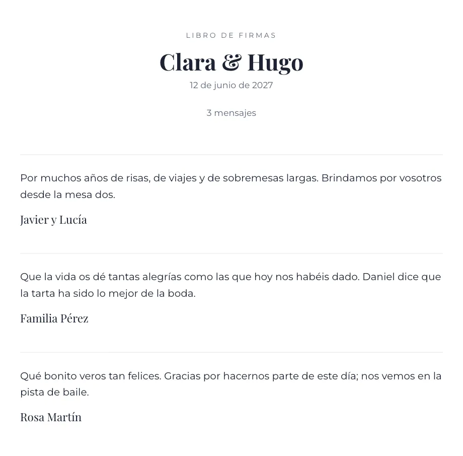 Libro de firmas de una boda preparado para imprimir o guardar en PDF