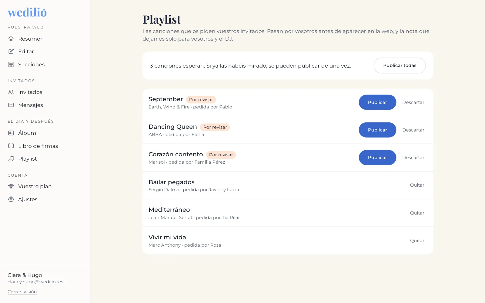Canciones pedidas por los invitados, con sus notas, unas por revisar y otras ya publicadas