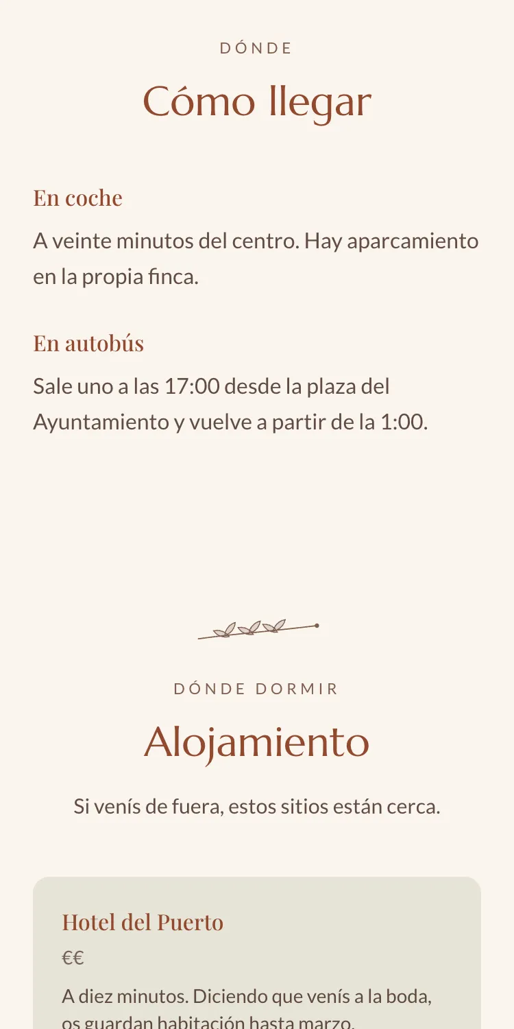 Sección de cómo llegar de una web de boda en el móvil, con el horario del autobús