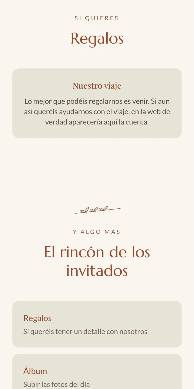 Sección de regalos de una web de boda en el móvil