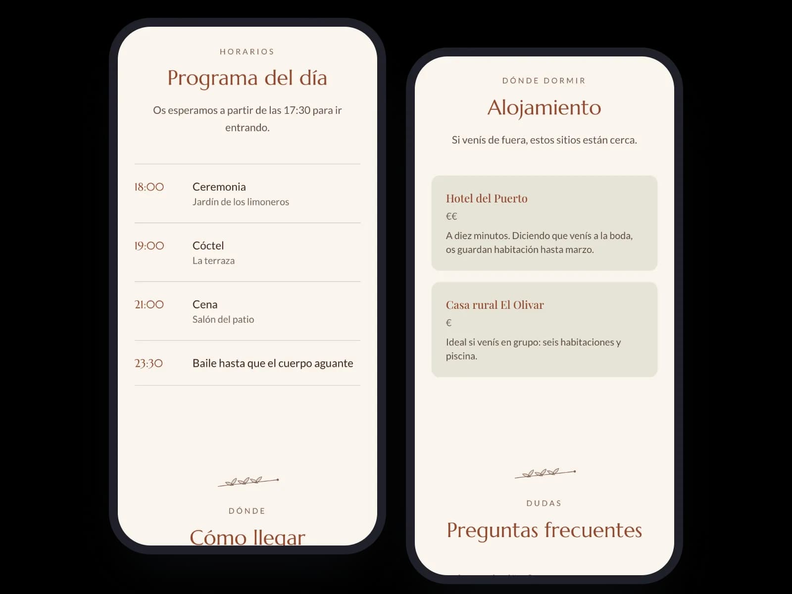 Web de boda en el móvil con el programa del día y dónde alojarse, en dos pantallas