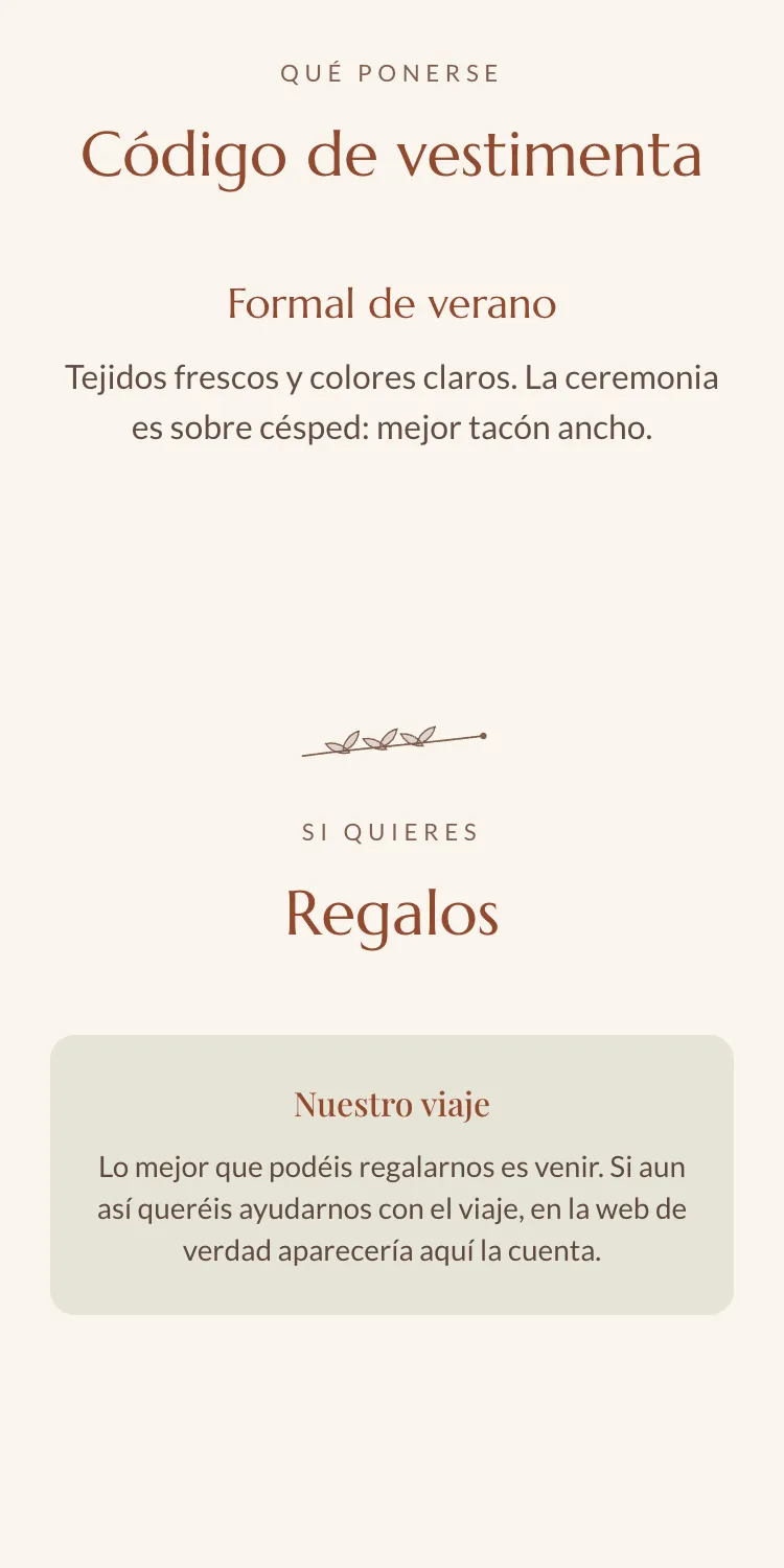 Sección de código de vestimenta de una web de boda en el móvil