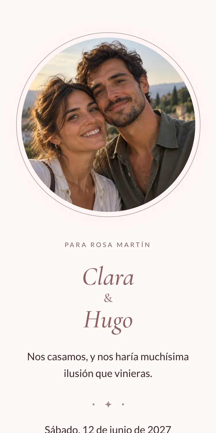 Invitación digital de boda con la plantilla Aurora, dirigida a Rosa Martín, en el móvil