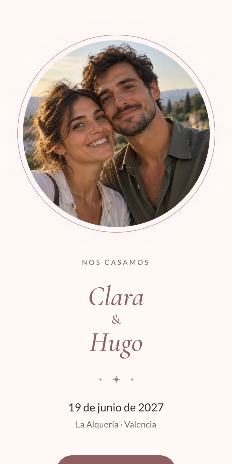Web de boda con la plantilla Aurora en la paleta Rubor, en el móvil