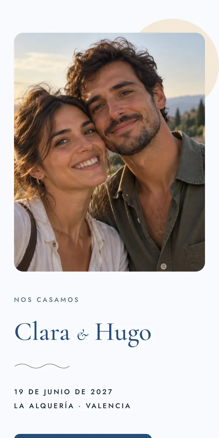 Web de boda con la plantilla Brisa en la paleta Bahía, en el móvil