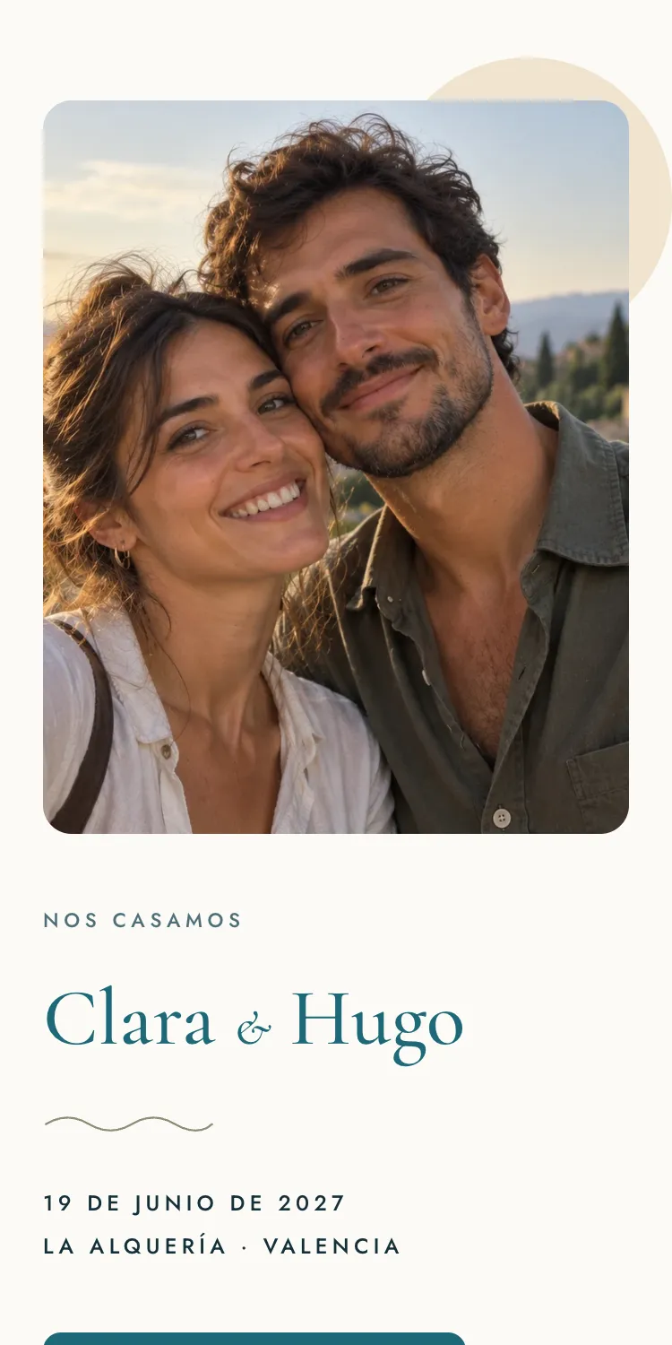 Web de boda con la plantilla Brisa en la paleta Brisa, en el móvil