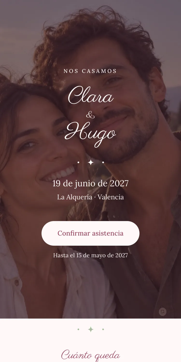 Web de boda con la plantilla Camelia en la paleta Camelia, en el móvil