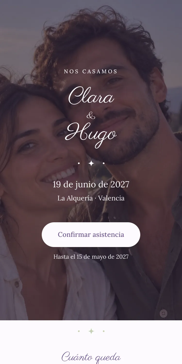 Web de boda con la plantilla Camelia en la paleta Lila, en el móvil