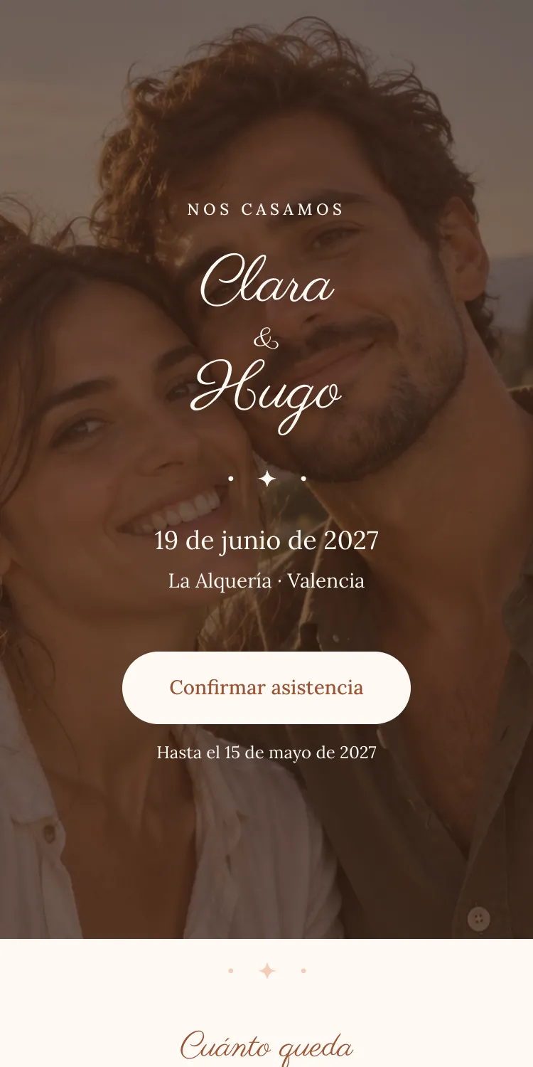 Web de boda con la plantilla Camelia en la paleta Nectarina, en el móvil