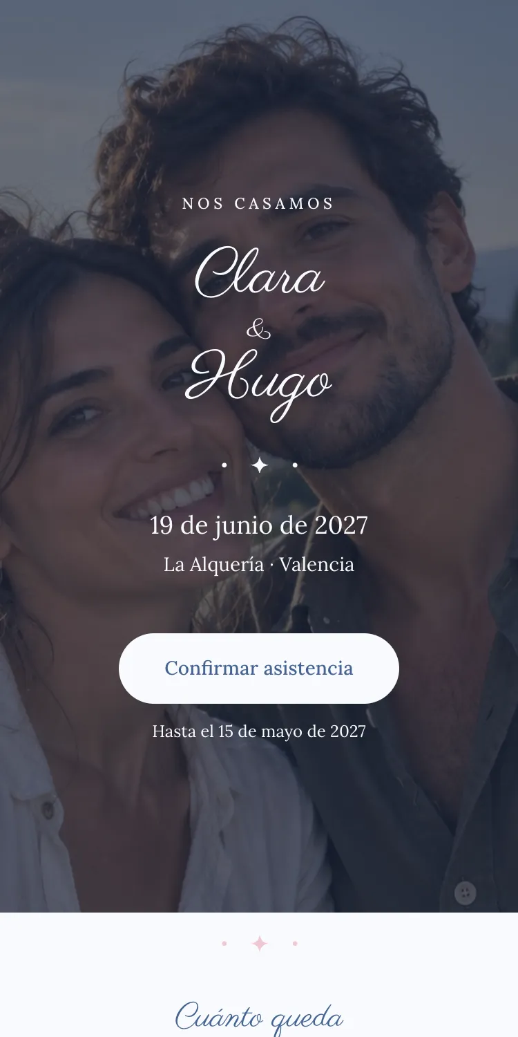 Web de boda con la plantilla Camelia en la paleta Nomeolvides, en el móvil