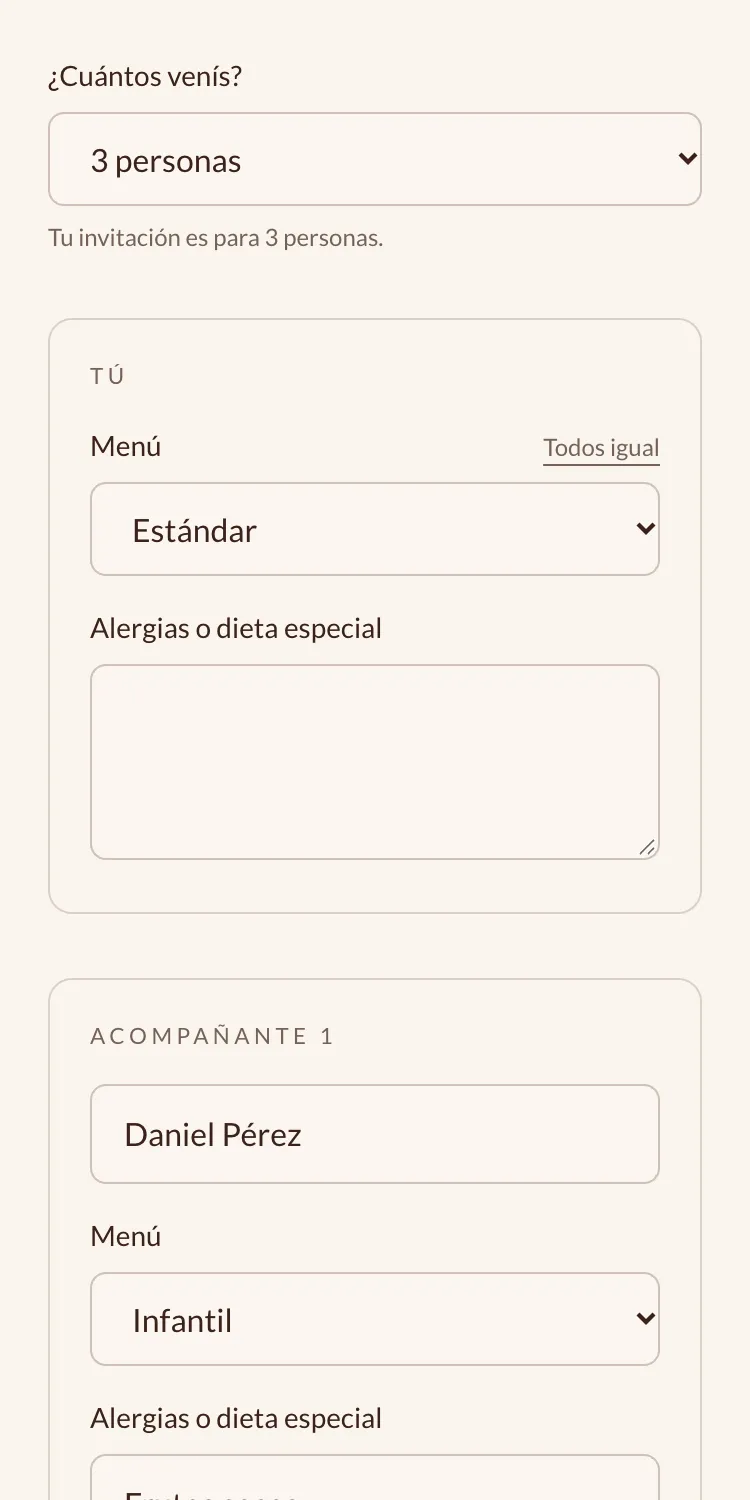 Formulario de confirmación de una familia de tres con el menú de cada persona