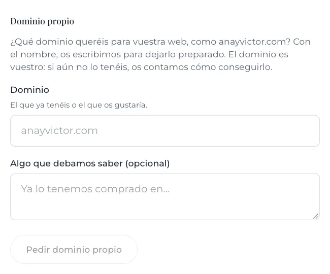 Ajuste «Dominio propio» del editor, donde se escribe el dominio que se quiere para la web
