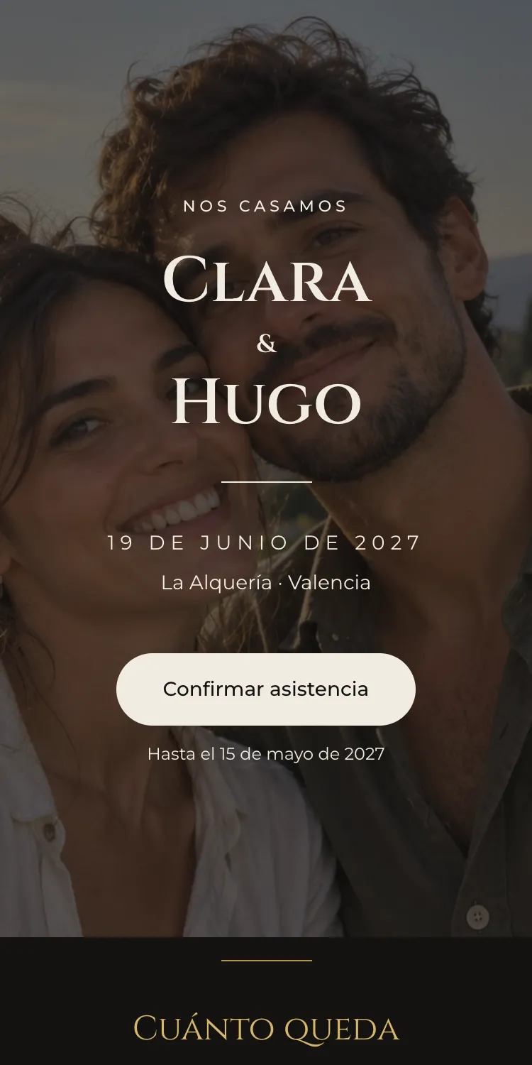Web de boda con la plantilla Gala en la paleta Gala, en el móvil