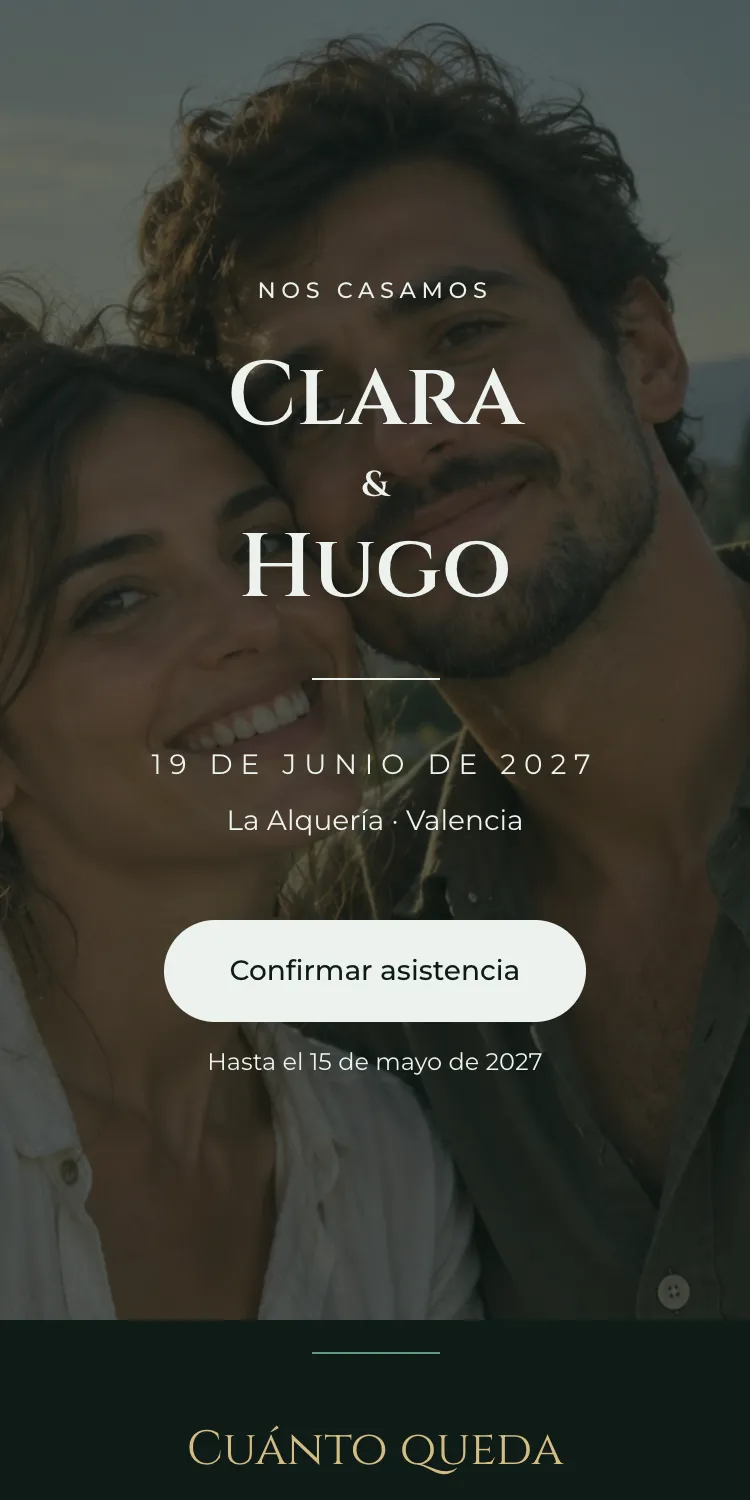 Web de boda con la plantilla Gala en la paleta Jade, en el móvil