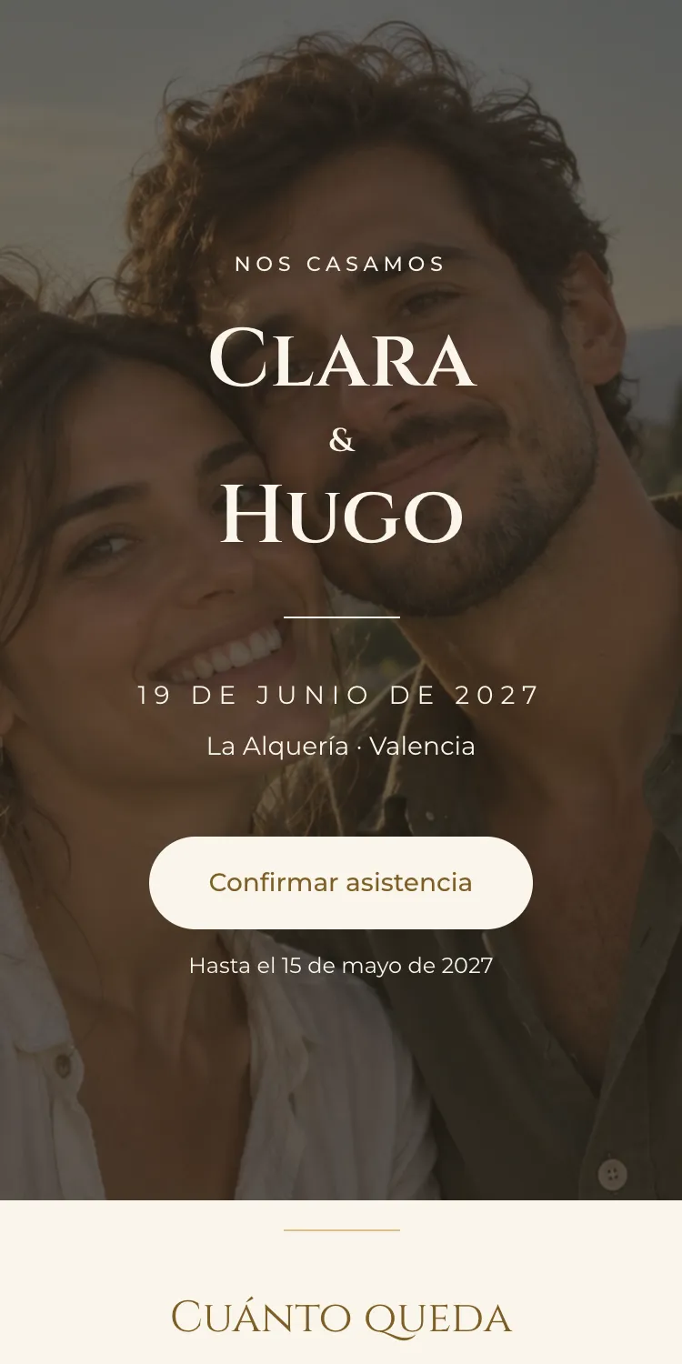Web de boda con la plantilla Gala en la paleta Marfil, en el móvil