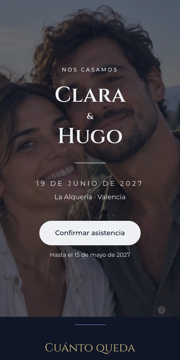 Web de boda con la plantilla Gala en la paleta Zafiro, en el móvil