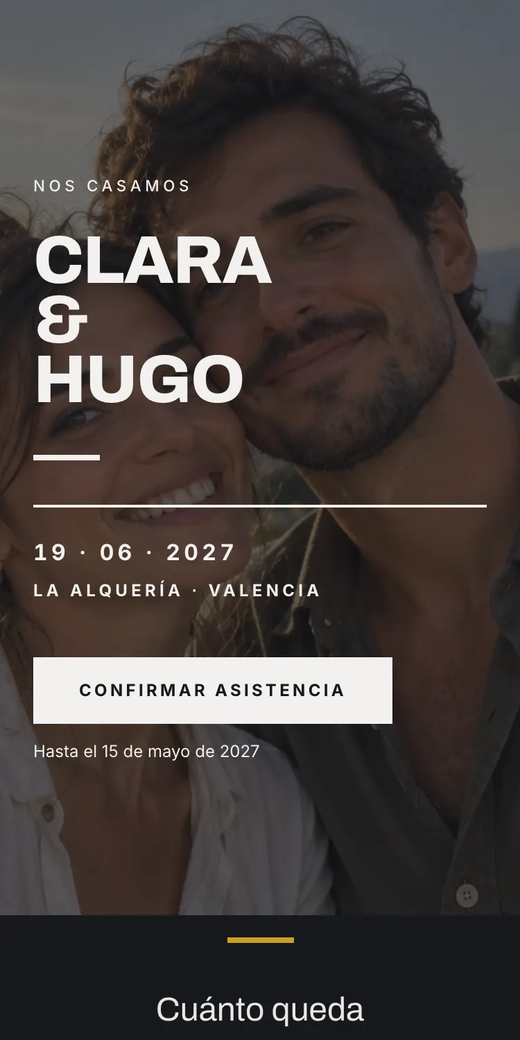 Web de boda con la plantilla Grafito en la paleta Carbón, en el móvil