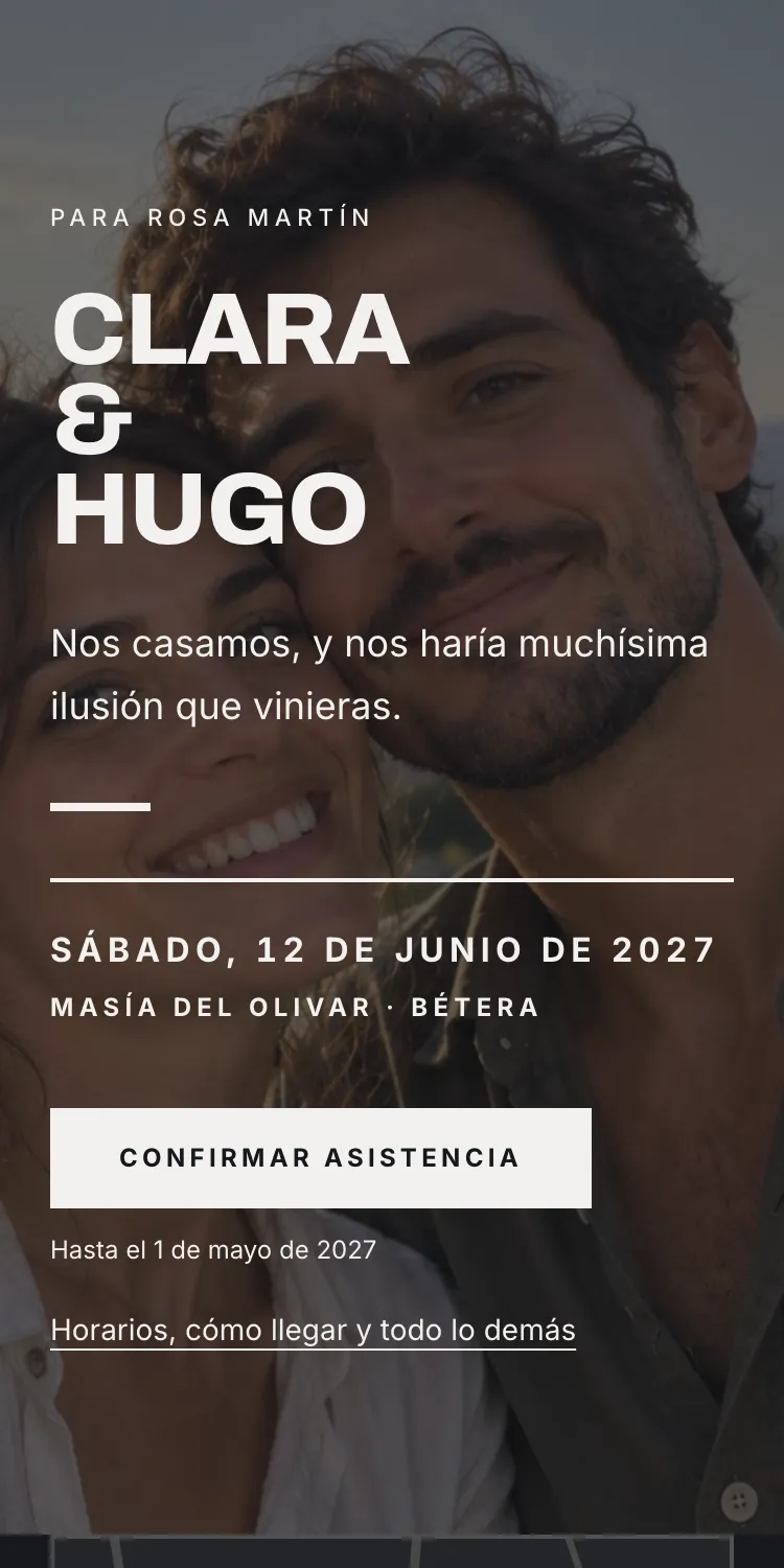 Invitación digital de boda con la plantilla Grafito, dirigida a Rosa Martín, en el móvil