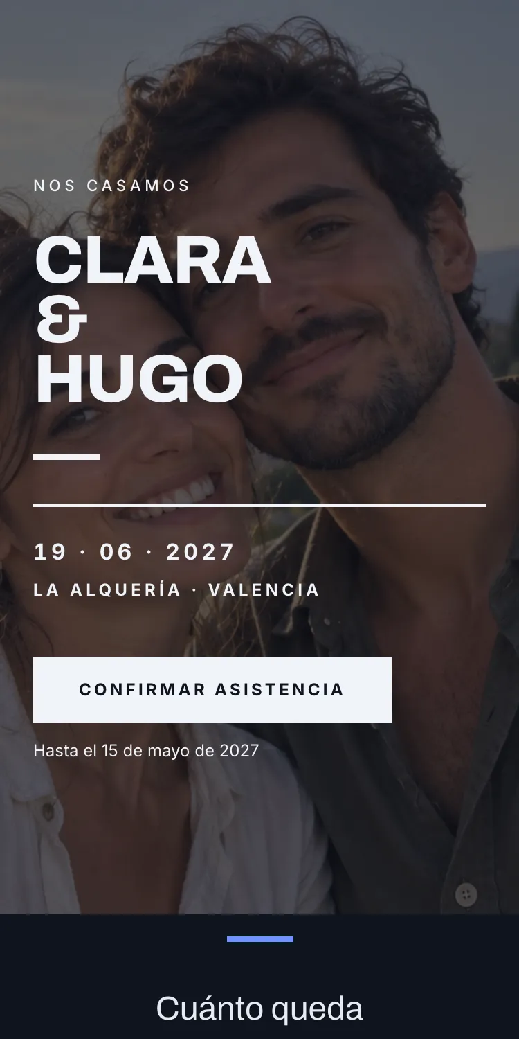 Web de boda con la plantilla Grafito en la paleta Tinta azul, en el móvil
