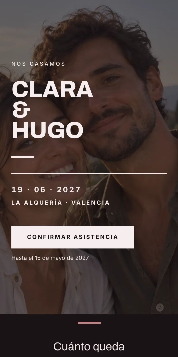 Web de boda con la plantilla Grafito en la paleta Vino, en el móvil
