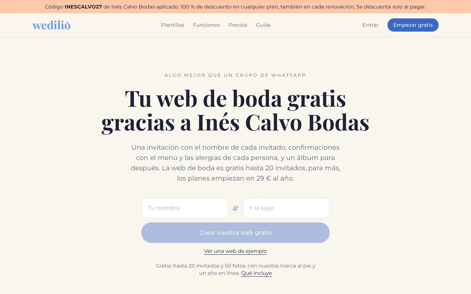 Portada de Wedilio con el titular «Tu web de boda gratis gracias a Inés Calvo Bodas» y el código de la pareja ya aplicado