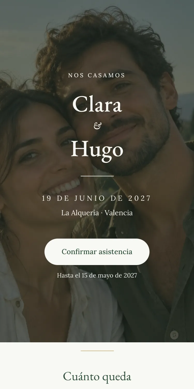 Web de boda con la plantilla Lacre en la paleta Hiedra, en el móvil
