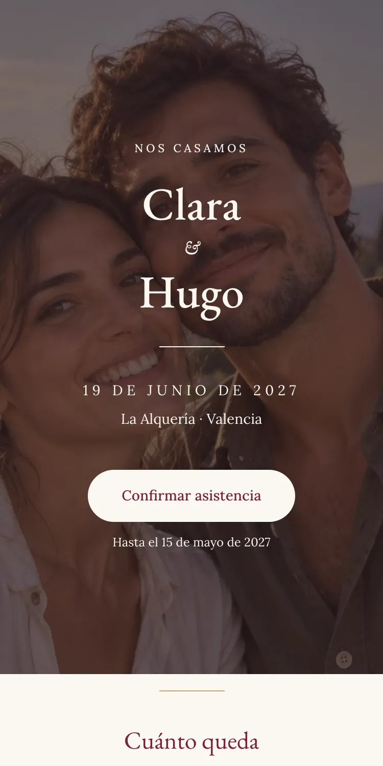 Web de boda con la plantilla Lacre en la paleta Lacre, en el móvil