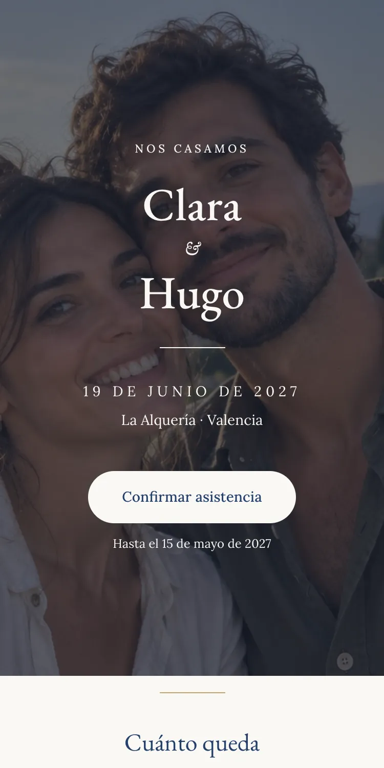 Web de boda con la plantilla Lacre en la paleta Lapislázuli, en el móvil