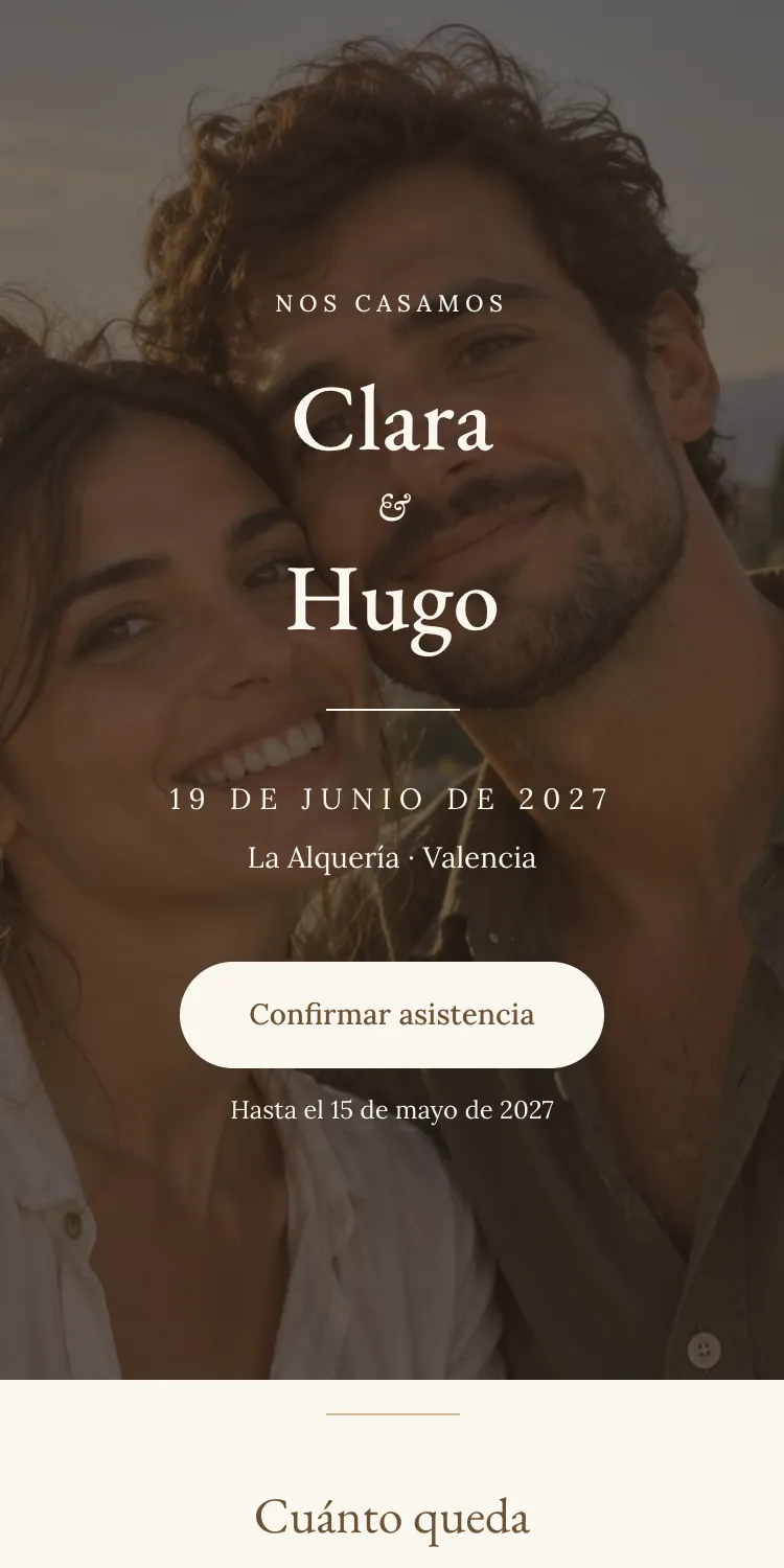 Web de boda con la plantilla Lacre en la paleta Pergamino, en el móvil