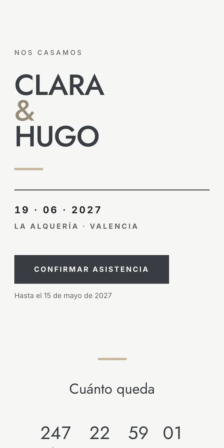 Web de boda con la plantilla Lienzo en la paleta Hormigón, en el móvil