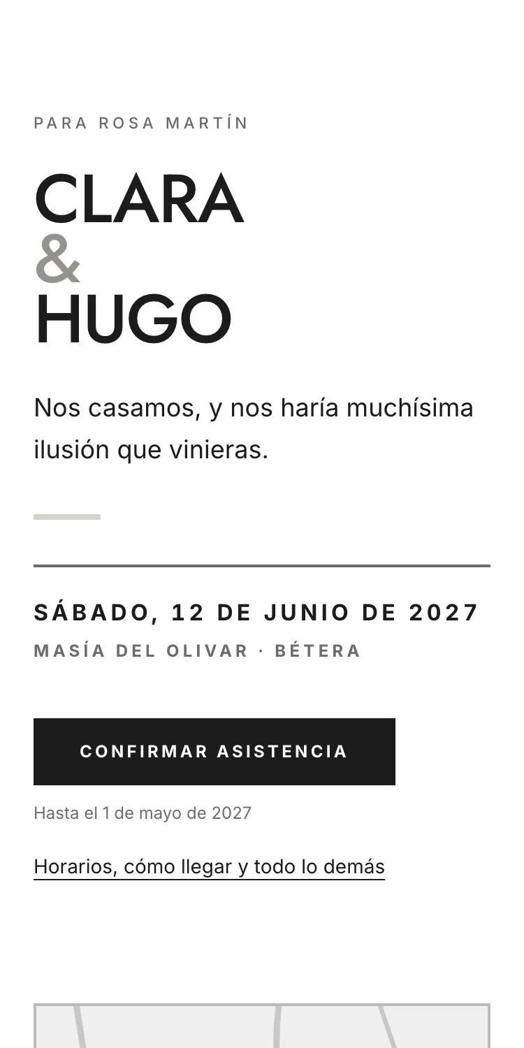 Invitación digital de boda con la plantilla Lienzo, dirigida a Rosa Martín, en el móvil