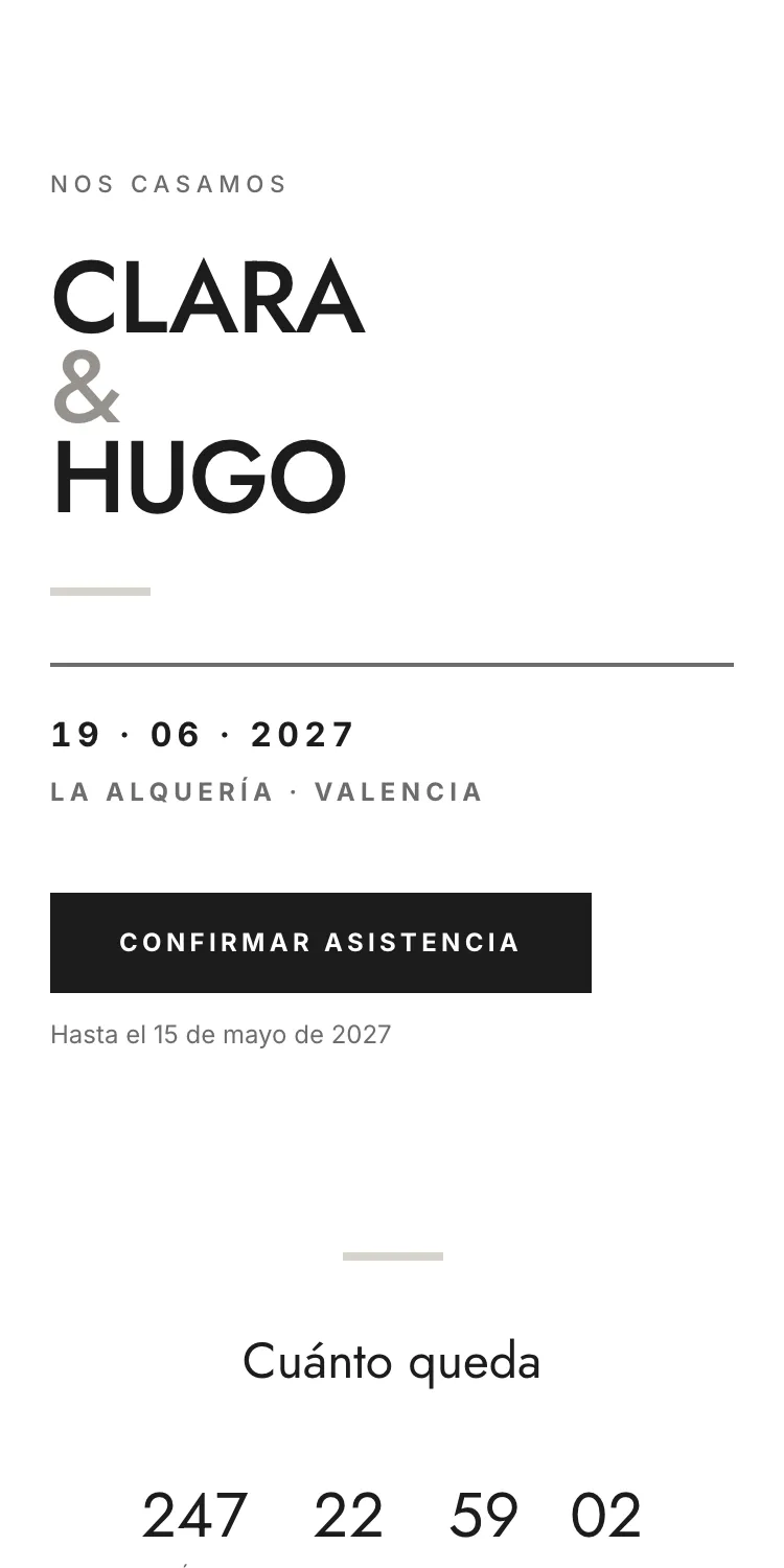 Web de boda con la plantilla Lienzo en la paleta Lienzo, en el móvil