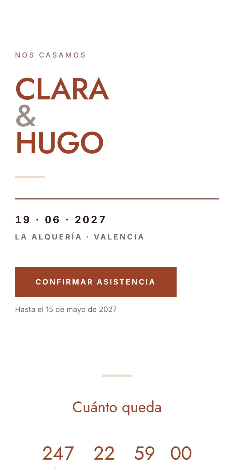 Web de boda con la plantilla Lienzo en la paleta Óxido, en el móvil