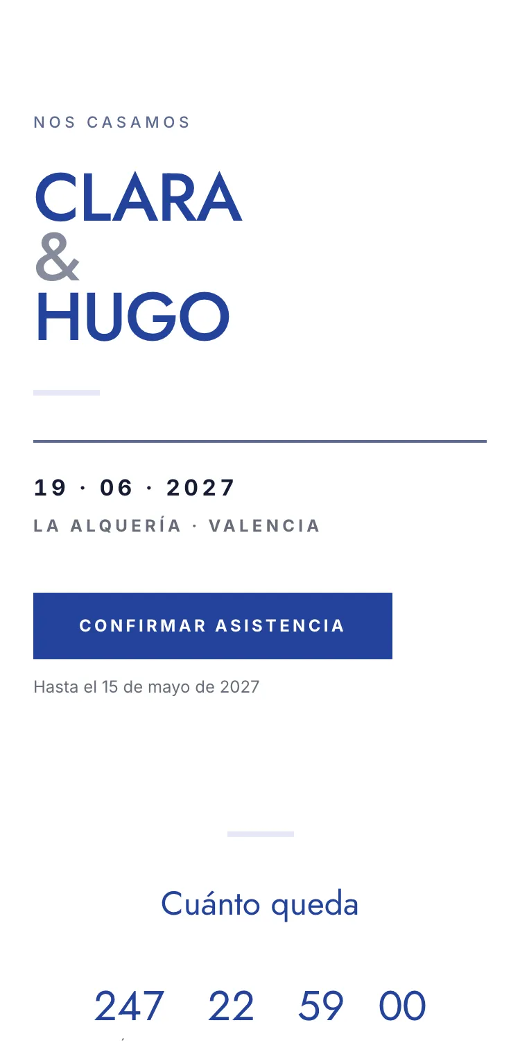 Web de boda con la plantilla Lienzo en la paleta Ultramar, en el móvil