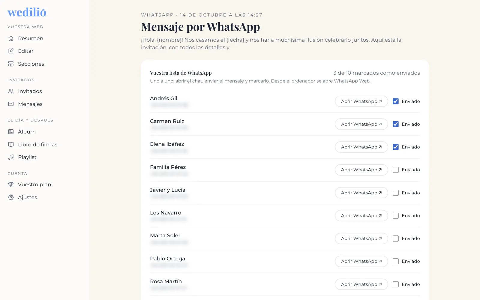 Lista de envíos por WhatsApp con un mensaje preparado para cada invitado