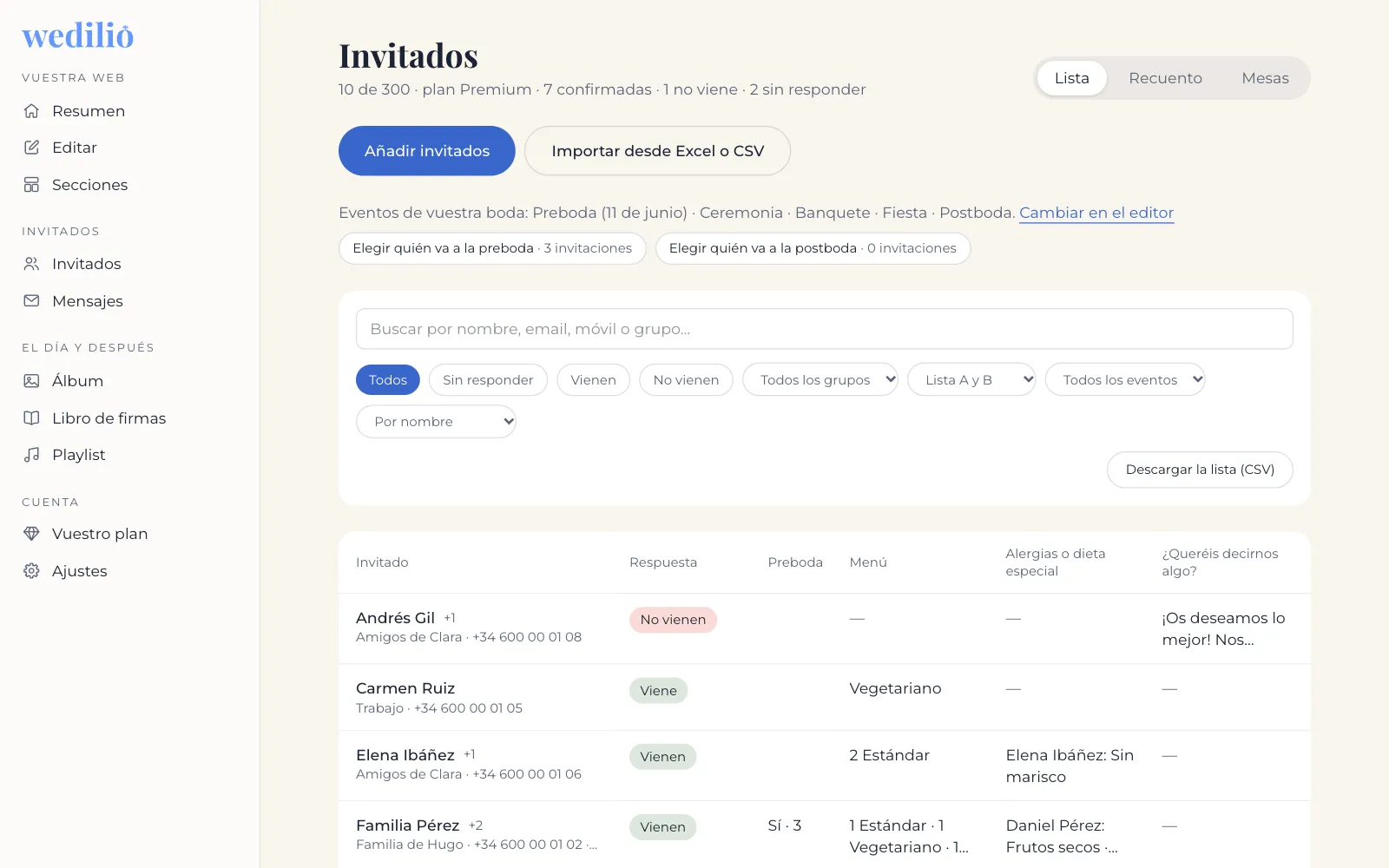 Lista de invitados con quién viene, su menú y sus alergias