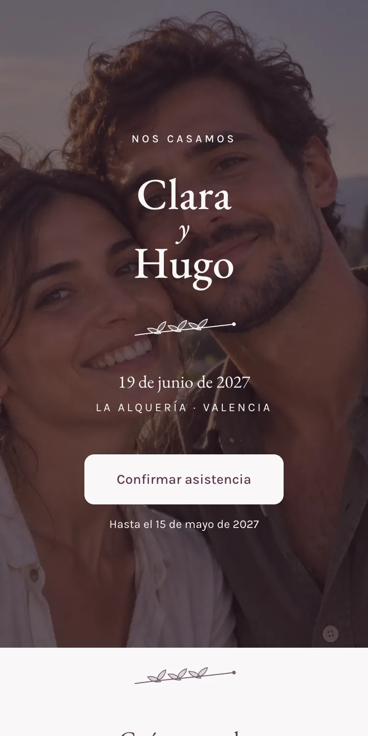 Web de boda con la plantilla Lumbre en la paleta Endrino, en el móvil