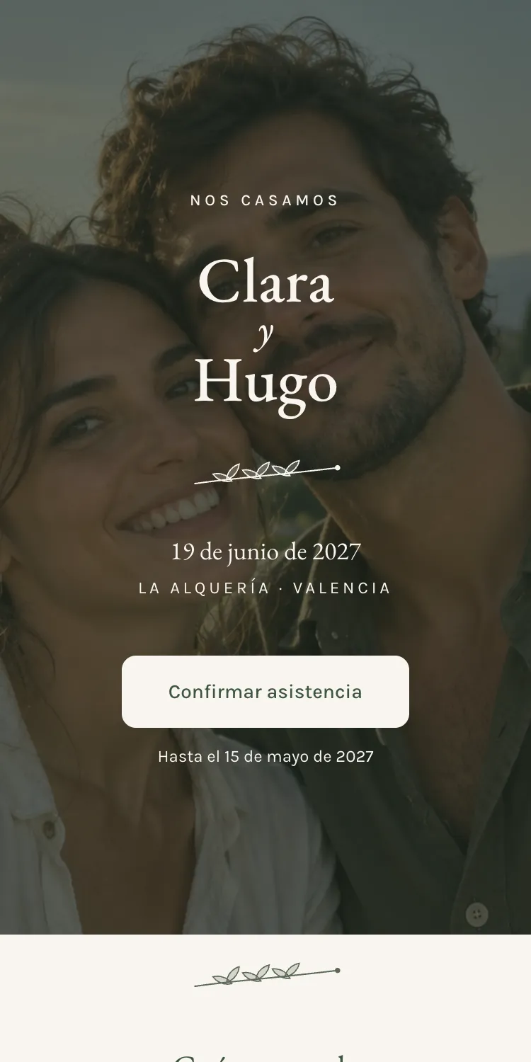 Web de boda con la plantilla Lumbre en la paleta Lumbre, en el móvil