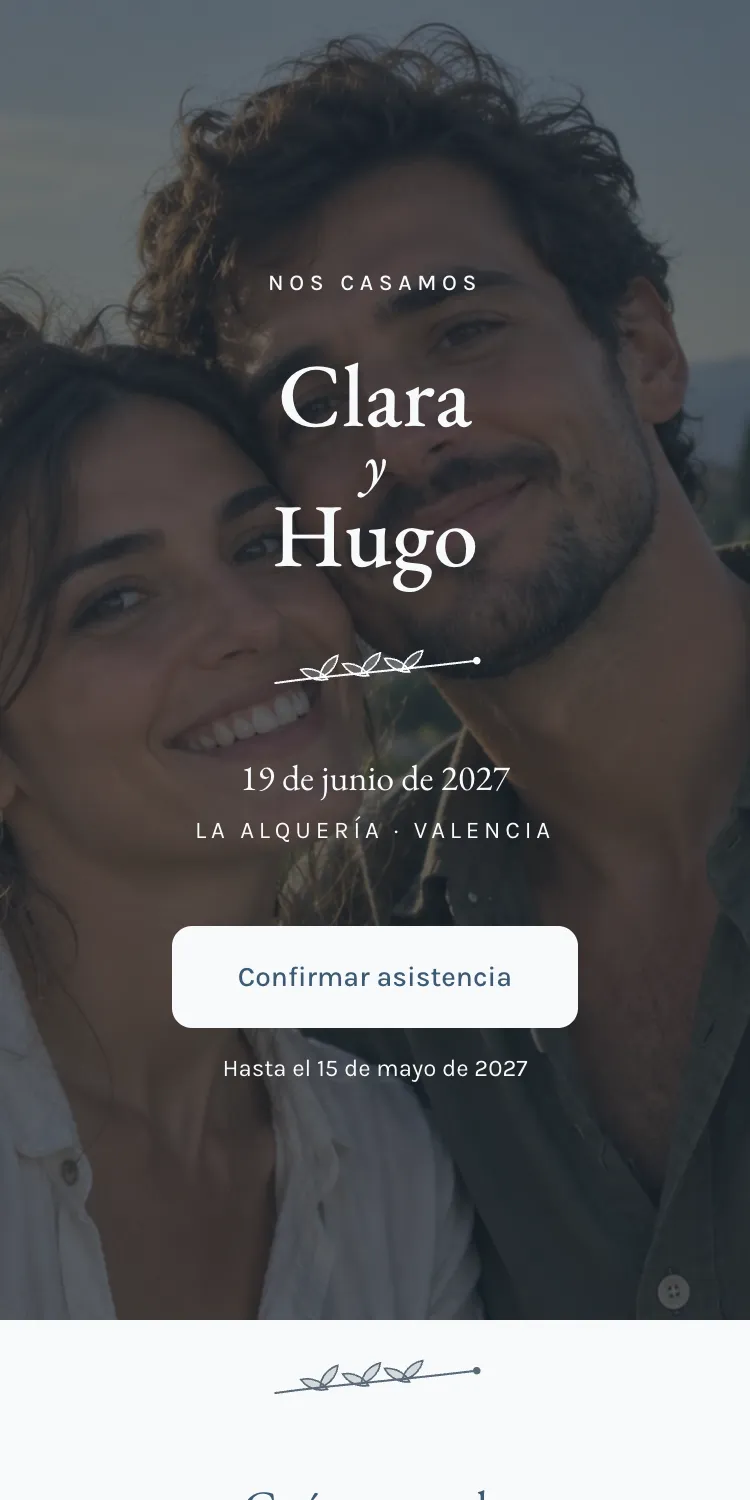 Web de boda con la plantilla Lumbre en la paleta Nevada, en el móvil
