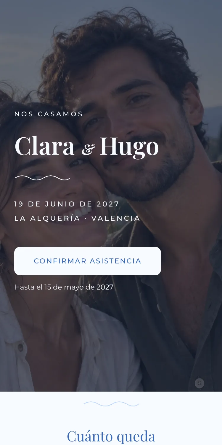 Web de boda con la plantilla Marea en la paleta Cala, en el móvil