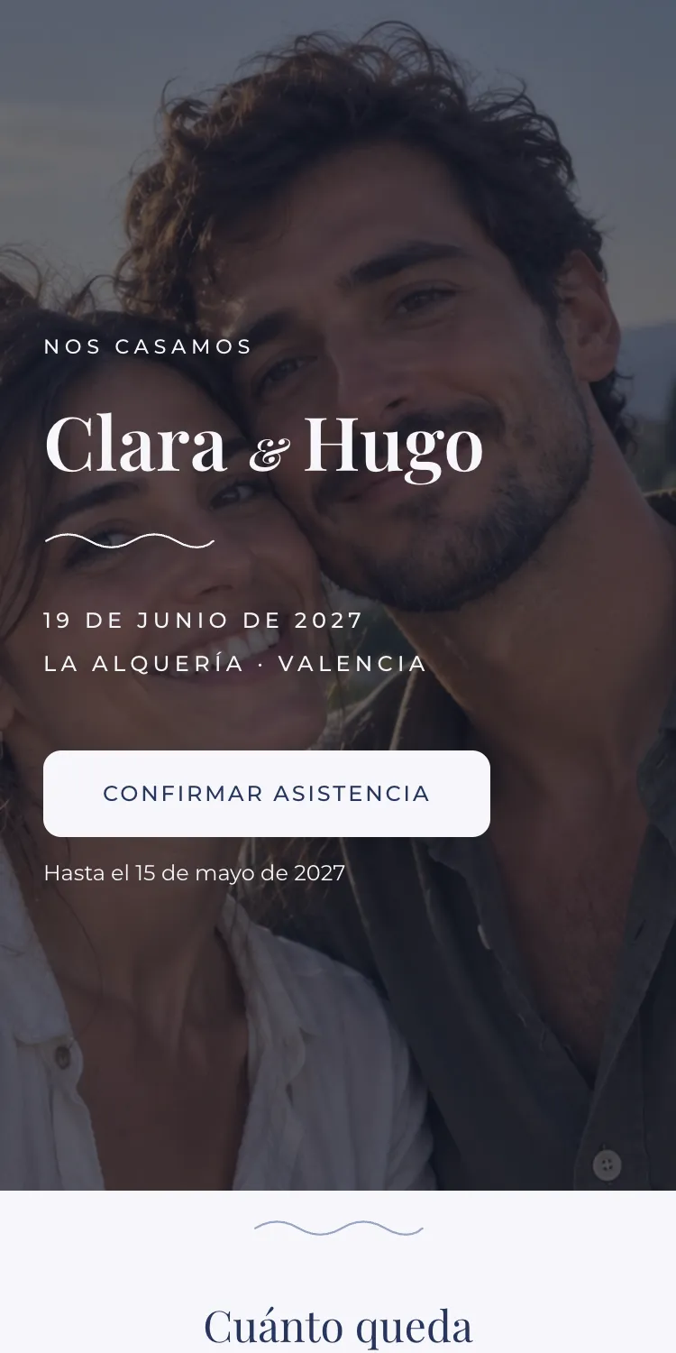 Web de boda con la plantilla Marea en la paleta Índigo, en el móvil
