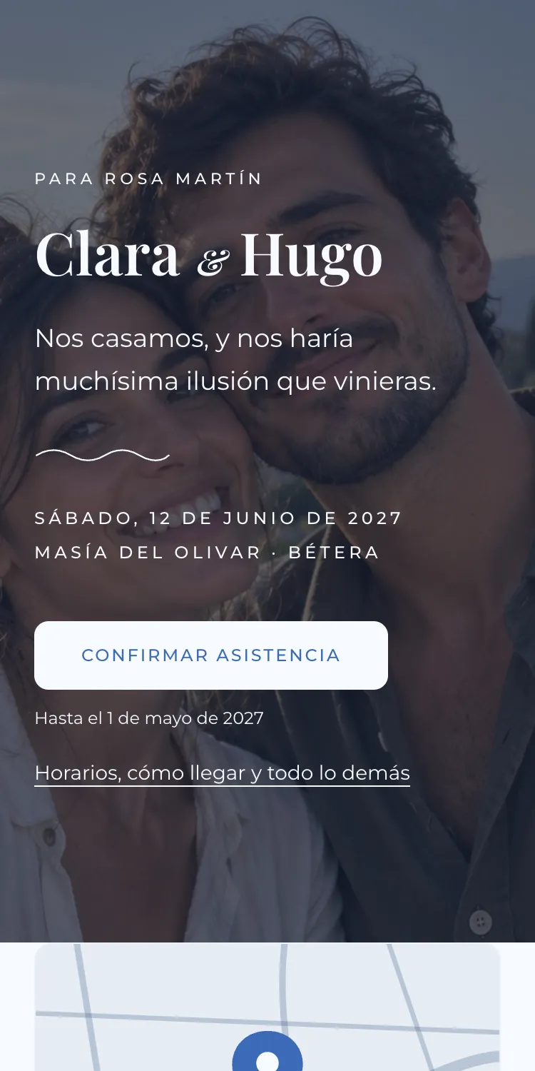 Invitación digital de boda con la plantilla Marea, dirigida a Rosa Martín, en el móvil