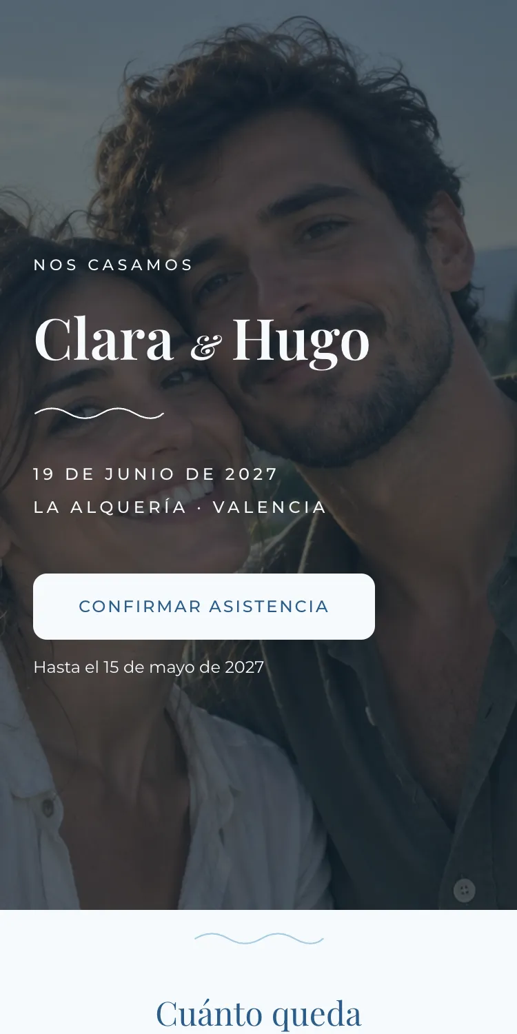 Web de boda con la plantilla Marea en la paleta Levante, en el móvil