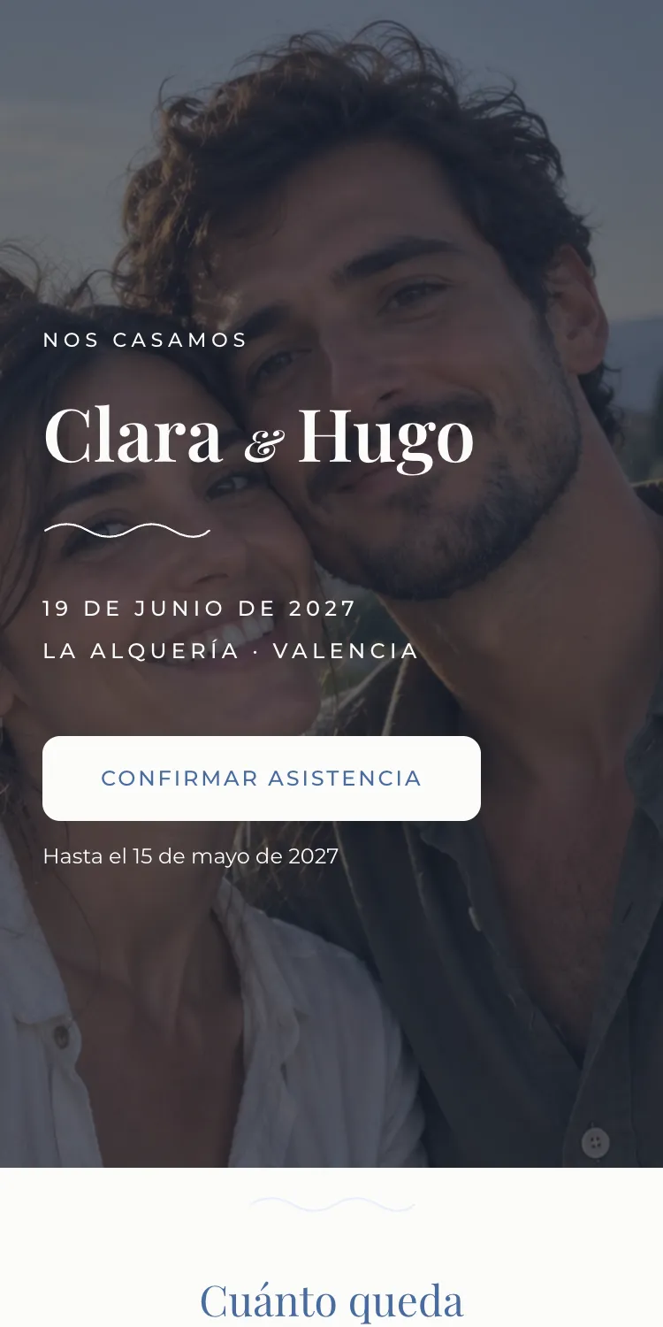 Web de boda con la plantilla Marea en la paleta Salina, en el móvil